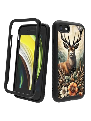 POCOOA Kompatibel mit iPhone SE 2022/2020 (3./2. Generation), iPhone 8/7, stoßfeste, robuste, doppellagige Schutzhülle für Damen und Herren, Hirschblumen, Berge 096 von POCOOA