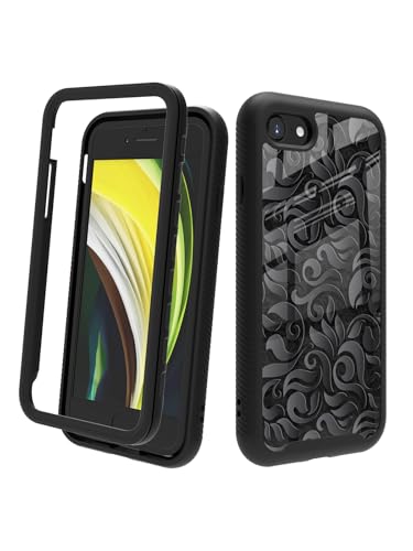 POCOOA Kompatibel mit iPhone SE 2022/2020 (3./2. Generation), iPhone 8/7, stoßfeste, robuste, doppellagige Schutzhülle für Damen und Mädchen, Schwarz mit Blumenmuster 001 von POCOOA