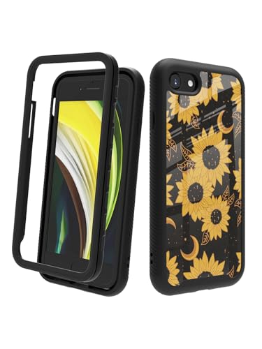 POCOOA Kompatibel mit iPhone SE 2022/2020 (3./2. Generation), iPhone 8/7, stoßfeste, robuste, doppellagige Schutzhülle für Damen und Mädchen, Sonnenblume, Mond, Sterne 042 von POCOOA