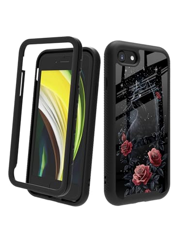 POCOOA Kompatibel mit iPhone SE 2022/2020 (3./2. Generation), iPhone 8/7, stoßfeste, robuste, doppellagige Schutzhülle für Damen und Mädchen, schwarze Katze, Rose, Blume, 017 von POCOOA