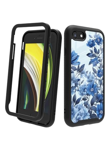 POCOOA Kompatibel mit iPhone SE 2022/2020 (3./2. Generation), iPhone 8/7, stoßfeste, robuste, zweilagige Schutzhülle für Damen und Mädchen, Blaue Blume 029 von POCOOA