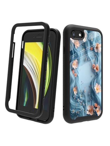 POCOOA Kompatibel mit iPhone SE 2022/2020 (3./2. Generation), iPhone 8/7, stoßfeste, robuste, zweilagige Schutzhülle für Damen und Mädchen, Blaue Wellen-rosa Blume 026 von POCOOA