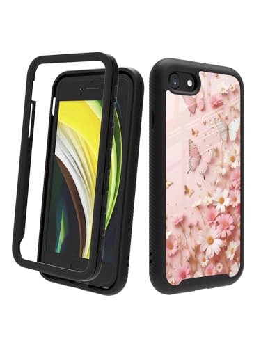 POCOOA Kompatibel mit iPhone SE 2022/2020 (3./2. Generation), iPhone 8/7, stoßfeste, robuste, zweilagige Schutzhülle für Damen und Mädchen, Rosa Schmetterling Blume 009 von POCOOA