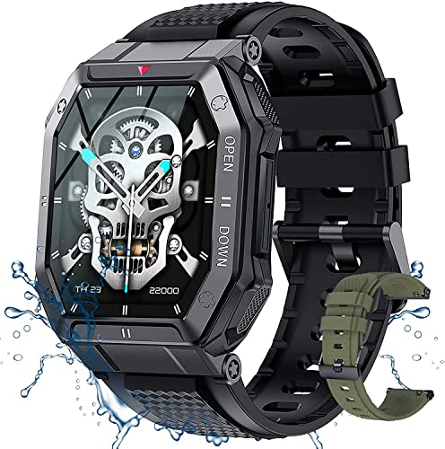 PODOEIL Militär Outdoor Smartwatch Herren mit Telefonfunktion Sprachassistent, IP67 Fitnessuhr Wasserdicht mit Blutdruckmessung/Schlafmonitor verfügbar für Android iOS Samsung von PODOEIL