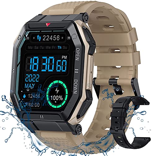 PODOEIL Militär Outdoor Smartwatch Herren mit Telefonfunktion Sprachassistent, IP67 Fitnessuhr Wasserdicht mit Blutdruckmessung/Schlafmonitor verfügbar für Android iOS und Samsung von PODOEIL