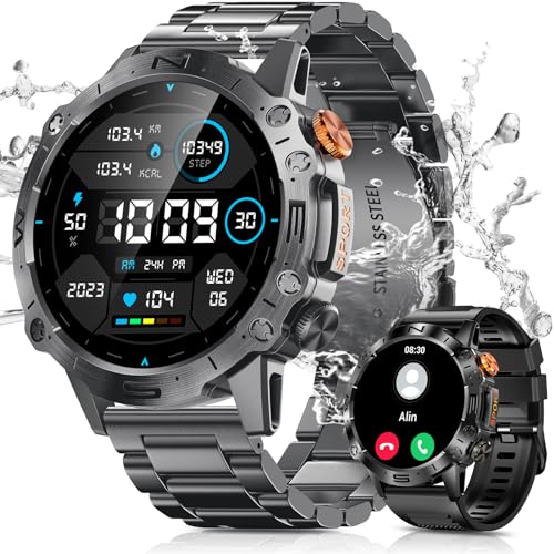 PODOEIL Militär Smartwatch Herren mit Blutdruckmessung, 1,43 Zoll Amoled HD Immer-EIN-Display Fitnessuhr Herren with 100+ Sportmodus, Herzfrequenz-Schlafdetektor, Sportuhren for iOS Samsung Android von PODOEIL