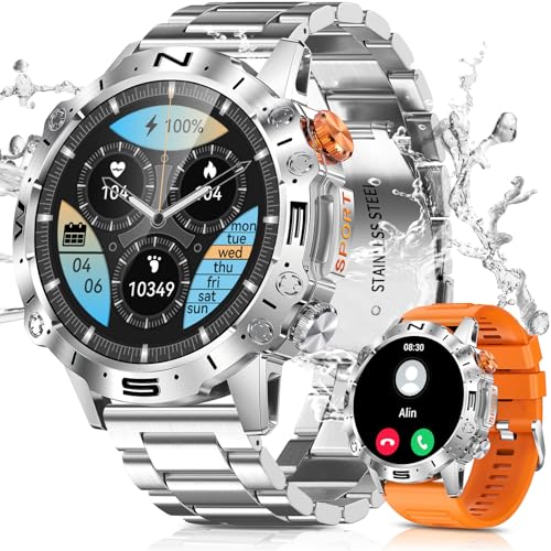 PODOEIL Militär Smartwatch Herren mit Blutdruckmessung, 1,43 Zoll Amoled HD Immer-EIN-Display Fitnessuhr Herren with 100+ Sportmodus, Herzfrequenz-Schlafdetektor, Sportuhren for iOS Samsung Android von PODOEIL