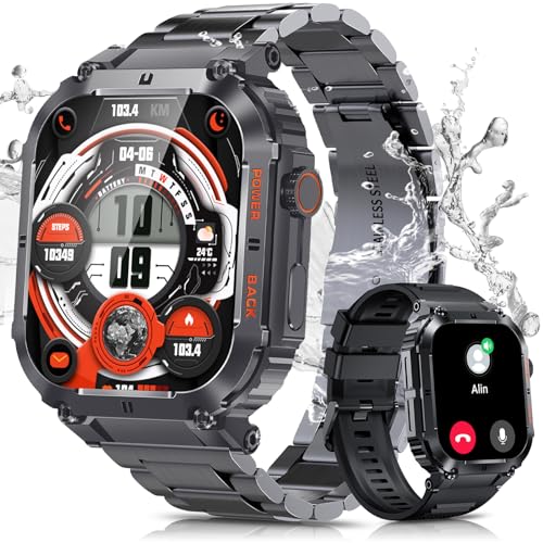 PODOEIL Smartwatch Herren Vollmetall Outdoor Tactical Smartwatch mit Telefonfunktion, 20 Sportmodi IP67 Militär Smart Watch Herren wasserdichte mit Blutdruckmessung verfügbar für Android und iOS von PODOEIL