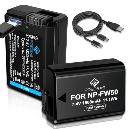 POEOSAS 2 Stück NP-FW50 Ersatz Akku 1300mAh mit USB Typ-C-Ladung Kompatibel mit NP-FW50 und Sony ZV-E10 RX10 IV Alpha 7(a7)/7R(a7R)/7S(a7S),a3000,a5000,NEX-3/5//6/7/C3/F3,DSC-RX10,SLT-A33/A35/A37 von POEOSAS
