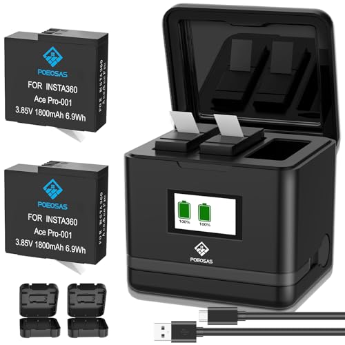 POEOSAS 360 Ace Pro 2 Ersatz Akku, 2 Pack 1800mAh Akkus mit 3-Slot LCD Ladegerät Kit Kompatibel mit insta360 Ace Pro/Ace Pro 2 Kamera, Akku Schutzhülle*2 für insta360 Acepro Kamera von POEOSAS