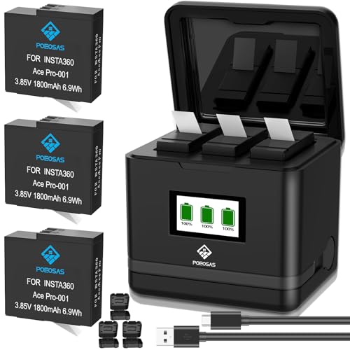 POEOSAS 360 Ace Pro 2 Ersatz Akku, 3er-Pack 1800mAh Akkus mit 3-Slot LCD Ladegerät Kit Kompatibel mit insta360 Ace Pro 2 Kamera（with Akku Schutzhülle*3） von POEOSAS