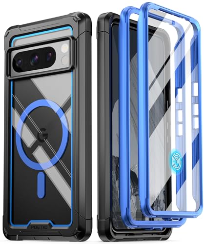 POETIC Guardian Hülle Kompatibel mit Pixel 8 Pro 5G,[Kompatibel mit MagSafe] Integrierter Displayschutz für Arbeit mit Fingerabdruck-ID, Ganzkörper Stoßfeste Schutzhülle Clear Cover Case, Blau/Klar von POETIC