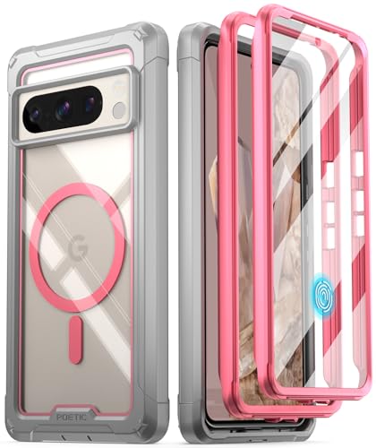 POETIC Guardian Hülle Kompatibel mit Pixel 8 Pro 5G,[Kompatibel mit MagSafe] Integrierter Displayschutz für Arbeit mit Fingerabdruck-ID,Ganzkörper Stoßfeste Schutzhülle Clear Cover Case, Pink/Klar von POETIC