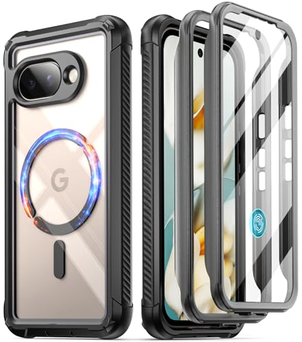 POETIC Guardian MagPro Hülle für Google Pixel 9A 5G, [Kompatibel mit MagSafe] [Funktioniert mit Fingerabdruck-ID], [2 Frontrahmen] Ganzkörperabdeckung mit integriertem Displayschutz, Schwarz/Klar von POETIC
