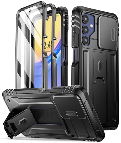 Poetic Revolution Schutzhülle kompatibel mit Galaxy A15 5G, [Schiebe-Kamera-Abdeckung], Ganzkörper-Schutzhülle in Militärqualität, robust, stoßfest, mit Ständer und integriertem Displayschutz, Schwarz von POETIC