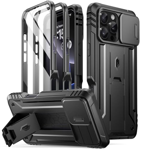 Poetic Revolution Schutzhülle für iPhone 16 Pro 16 cm (6,3 Zoll), [Kamera-Abdeckung], Ganzkörper-Schutzhülle in Militärqualität, robust, stoßfest, mit Ständer und integriertem Displayschutz, Schwarz von POETIC