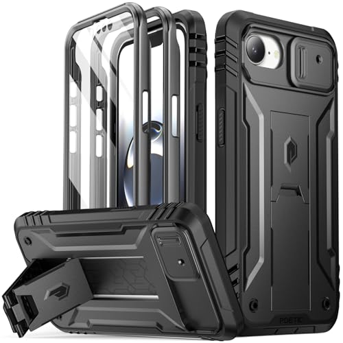 POETIC Revolution Hülle für iPhone 16e 6,1 Zoll, [Schiebekamera-Abdeckung], robuste, stoßfeste Ganzkörper-Abdeckung in Militärqualität mit Ständer und integriertem Displayschutz, Schwarz von POETIC