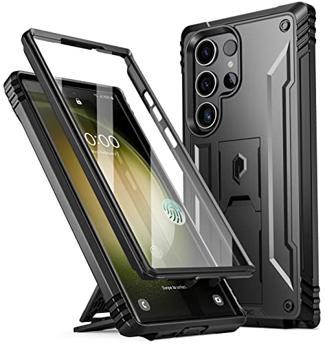 Poetic Revolution Hülle Kompatibel mit Galaxy S23 Ultra 5G 17.3 cm Full Body Rugged Stoßfest Schutzhülle Cover Case mit Kickstand, Eingebauter Displayschutz, funktioniert mit Fingerabdruck-ID, Schwarz von POETIC