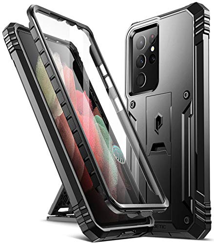 Poetic Revolution Hülle für Samsung Galaxy S21 Ultra 5G 6,8 Zoll, integrierter Displayschutz funktioniert mit Fingerabdruck-ID, Ganzkörper-robuste, stoßfeste Schutzhülle mit Ständer, Schwarz von POETIC