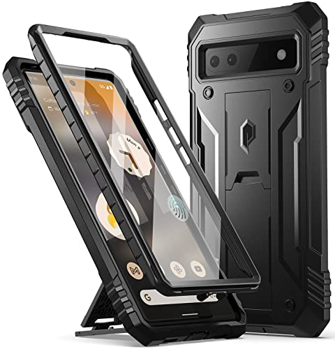 Poetic Revolution Series Hülle Kompatibel mit Pixel 6A 5G, Eingebauter Displayschutz Arbeit mit Fingerabdruck-ID, Ganzkörper Rugged Stoßfest Schutzhülle mit Kickstand Schwarz von POETIC