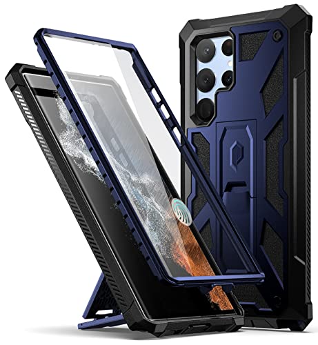 Poetic Spartan Hülle für Samsung Galaxy S22 Ultra 5G 6,8 Zoll, integrierter Displayschutz funktioniert mit Fingerabdruck-ID, Ganzkörper-robuste, stoßfeste Schutzhülle mit Ständer, Nachtblau von POETIC