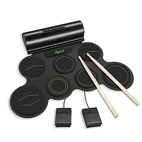 POGOLAB Aufrollen E-Drum Set, 7 digitale Drum Pad Schlagzeug Elektronisch, Bluetooth-Funktion, mit zwei Stereo-Lautsprechern/Drumsticks/Kopfhörerschlitz, 10 Stunden Laufzeit, für Anfänger von POGOLAB