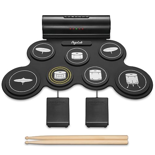 POGOLAB Aufrollen E-Drum Set, 7 digitale Drum Pad Schlagzeug Elektronisch, Drahtlose Funktion, mit zwei Stereo-Lautsprechern/Drumsticks/Kopfhörerschlitz, 10 Stunden Laufzeit, für Anfänger von POGOLAB