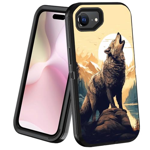POIUYTREW Schutzhülle für iPhone 16e, 3-lagig, strapazierfähig, Militärqualität, staubdicht, stoßfest, Ganzkörper-Schutzhülle für iPhone 16e, 15,5 cm (6,1 Zoll), Wolf heult unter dem Mond von POIUYTREW