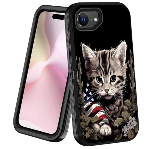 POIUYTREW Schutzhülle für iPhone 16e, 3-lagig, strapazierfähig, militärische Qualität, staubdicht, stoßfest, Ganzkörper-Schutzhülle für iPhone 16e, 15,5 cm (6,1 Zoll) 2025, Katze und amerikanische von POIUYTREW