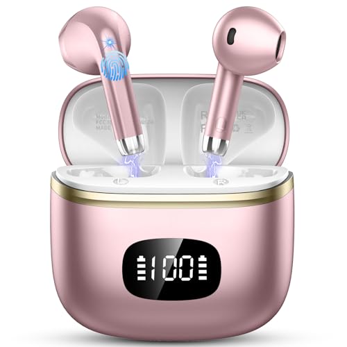 POMUIC W23 Bluetooth 5.3 In-Ear-Kopfhörer mit 4 ENC Noise Cancelling Mic, Kabellose Kopfhörer mit 40 Stunden Spielzeit, LED-Anzeige, Ohrhörer für Arbeit, Spiel, Sport, Roségold von POMUIC