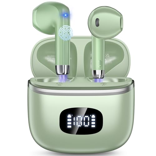 Bluetooth Kopfhörer, Kopfhörer Kabellos Bluetooth 5.3 mit 4 ENC Noise Cancelling Mic, kopfhörer kabellos HiFi Stereo, LED-Anzeige, 40 std Spielzeit, USB-C, In Ear Ohrhörer für Arbeit Spiel Sport, Grün Bluetooth Kopfhörer, Kopfhörer Kabellos Bluetooth 5.3 mit 4 ENC Noise Cancelling Mic, kopfhörer kabellos HiFi Stereo, LED-Anzeige, 40 std Spielzeit, USB-C, In Ear Ohrhörer für Arbeit Spiel Sport, Grün von POMUIC