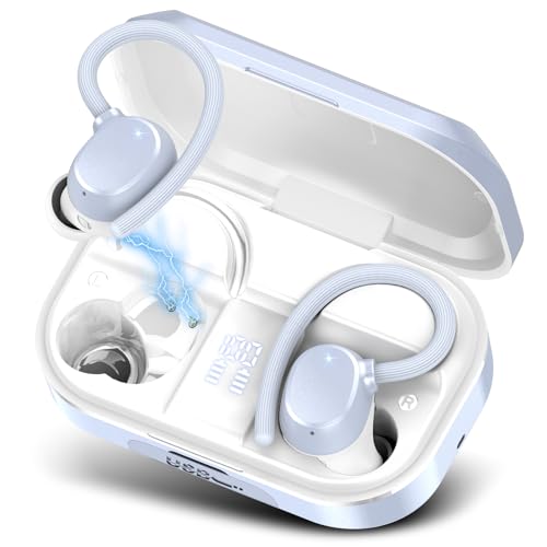 Bluetooth Kopfhörer Sport, Kopfhörer Kabellos Bluetooth 5.3 mit HD Mic, 120 Stunden Spielzeit Kopfhörer mit LED-Anzeige, Deep Bass, IP7 Wasserdichte Ohrhörer mit Ohrhaken für Arbeit Studium Sport Blau von POMUIC