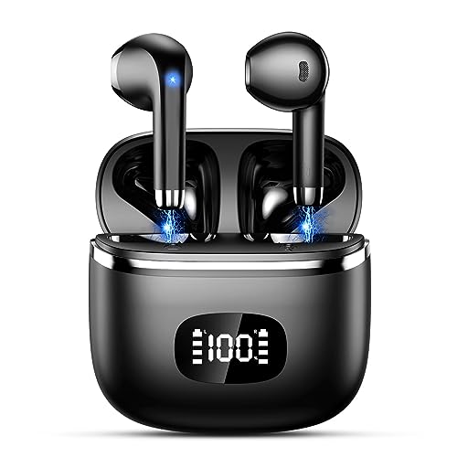 POMUIC Bluetooth Kopfhörer, 2023 Kopfhörer Kabellos Bluetooth 5.3 mit HD Mikrofon, 40 Std Spielzeit mit LED Anzeige, Deep Bass In Ear Kopfhörer, IP7 Wasserdicht Ohrhörer für Arbeit Studium, Schwarz von POMUIC