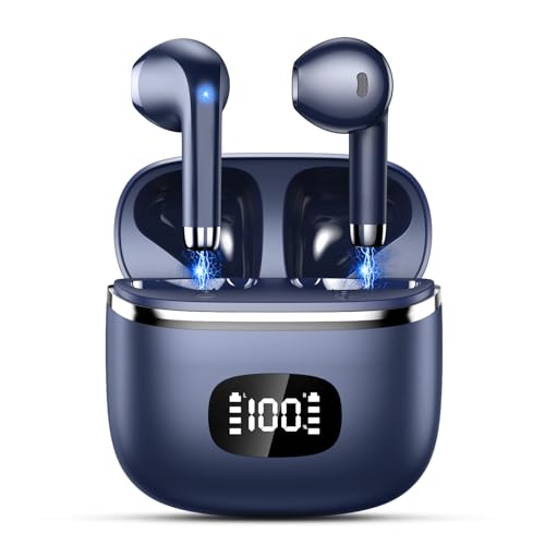 POMUIC Bluetooth Kopfhörer, 2023 Kopfhörer Kabellos Bluetooth 5.3 mit HD Mikrofon, 40 Std Spielzeit mit LED Anzeige, Deep Bass In Ear Kopfhörer, IP7 Wasserdicht Ohrhörer für Arbeit Studium, Blau von POMUIC