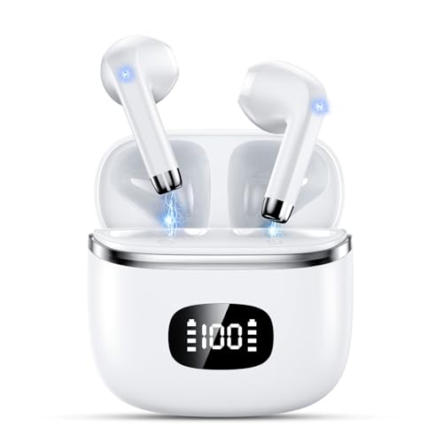 POMUIC Bluetooth Kopfhörer, Kopfhörer Kabellos Bluetooth 5.3 In Ear Kopfhörer mit 4 ENC Noise Cancelling Mic, 40H Spielzeit mit LED, IP7 Wasserdicht in Ear Ohrhörer für Arbeit Studium Sport, Weiß von POMUIC