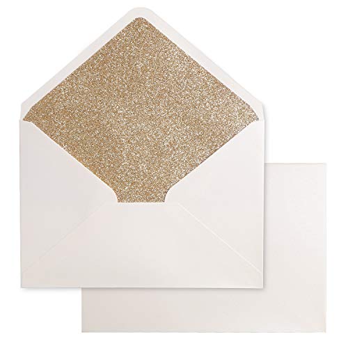 PONATIA 50 Stück A7 Gold-Glitzer-Umschläge, 13,3 x 19,1 cm, perfekt für Hochzeiten, Einladungskarten, Abschlusseinladungen (Pearl Elfenbein + Gold Glitter Liner) von PONATIA