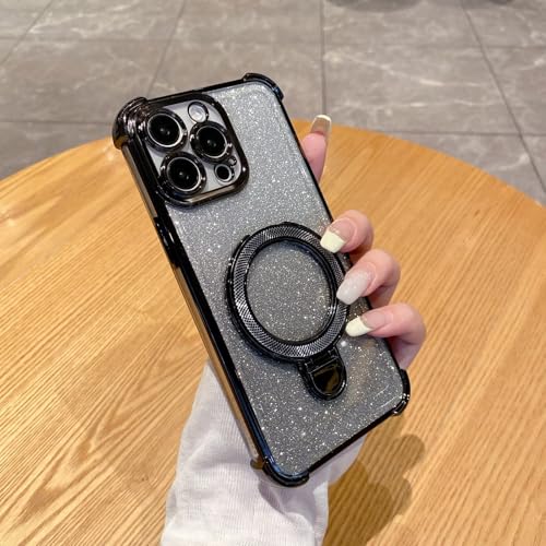 PONRFEKT Glitzer Galvanisierte Hülle für Redmi 10 4G mit Magnetische Ständer,Transparent Glitter TPU HandyHülle,Bling Ultra Dünn Stoßfest Schutzhülle für Mädchen Frau-Schwarz von PONRFEKT