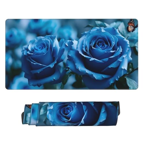 800x400 mm XXL Mauspad Blau Mousepad Rose Schreibtischunterlage mit rutschfeste Gummibasis, WassXerdicht Mouse Pad mit Vernähte Kanten, Office Gaming Zubehör Desk Deko, Geschenke für Frauen U-449 von POOJNNPP