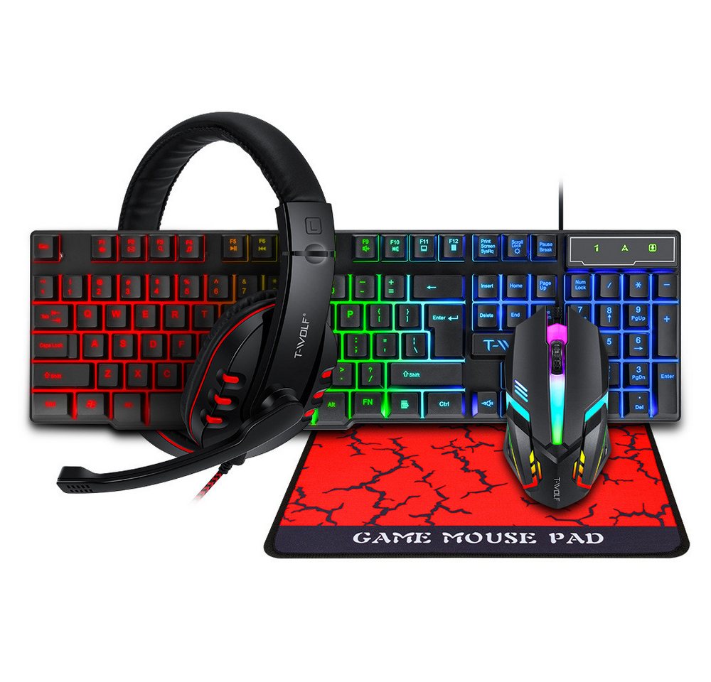 POPOLIC 4-in-1 Gaming-Tastatur und Maus-Set, mit Headset und Mauspad Gaming-Tastatur (4 Stück Tastatur) von POPOLIC