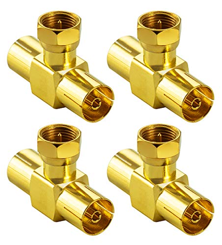 POPPSTAR 4x Sat TV Coax Adapter Verteiler T-Stück (1x F-Stecker auf 2x IEC Antennenbuchse) für Koaxialkabel Antennenkabel vergoldet von POPPSTAR