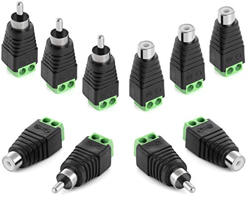 Poppstar RCA Cinch Stecker Adapter Set (5X RCA Stecker / 5X RCA Buchse auf 2-Pin Terminal-Block) DC Cinch-Anschluss für Audio-, Videokabel, CCTV-Kamera, Lautsprecher von POPPSTAR