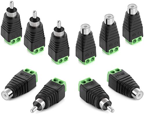 POPPSTAR RCA Cinch Stecker Adapter Set (5X RCA Stecker / 5X RCA Buchse auf 2-Pin Terminal-Block) DC Cinch-Anschluss für Audio-, Videokabel, CCTV-Kamera, Lautsprecher von POPPSTAR