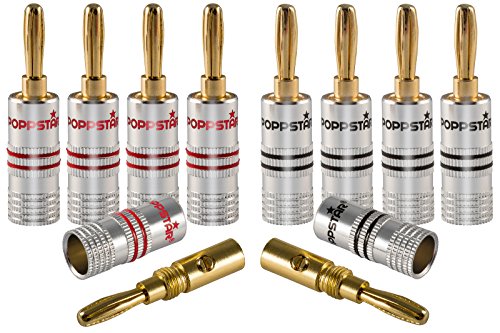 Poppstar 10x High End Bananenstecker, (bis 4 mm² verschraubt, verlötet 6 mm², 24k vergoldet, Aluminium-Gehäuse, 5X schwarz, 5X rot) von POPPSTAR