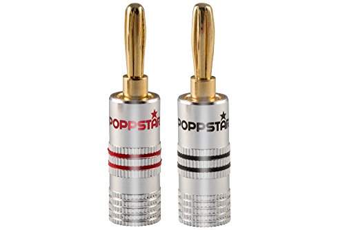 Poppstar 2x High End Bananenstecker, (bis 4 mm² verschraubt, verlötet 6 mm², 24k vergoldet, Aluminium-Gehäuse, 1x schwarz, 1x rot) von POPPSTAR