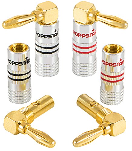 Poppstar 4x High End Bananenstecker gewinkelt (bis 6 mm², 24k vergoldete Kontakte, 2x schwarz, 2x rot) von POPPSTAR