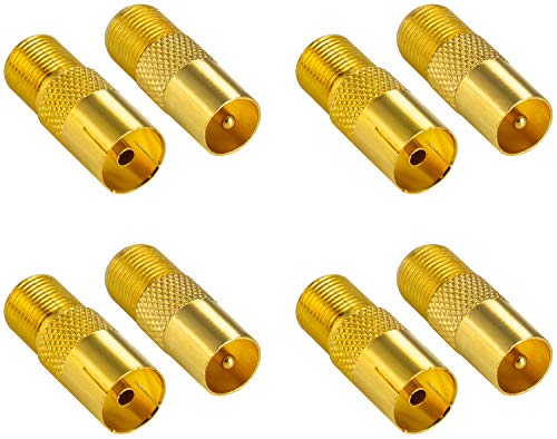 POPPSTAR 8x SAT Adapter Koax Antenne (F-Buchse, 4x auf IEC Antennenstecker, 4x auf Antennenbuchse), Coax Kupplung für Koaxialkabel - Antennenkabel, vergoldet von POPPSTAR