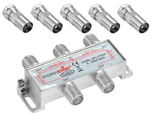 Poppstar Sat-Verteiler Antennenverteiler Splitter Umschalter 4-Fach inkl. IEC Stecker (analog/digital/BK/unicable/HD/4K tauglich) für TV,Antenne,Satellit,Kabel,Fernseher,Radio,LNB von POPPSTAR