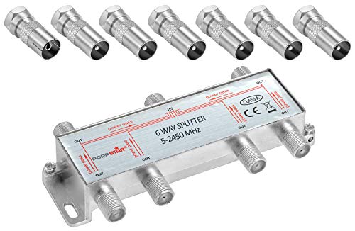 Poppstar Sat-Verteiler Antennenverteiler Splitter Umschalter 6-Fach inkl. IEC Stecker (analog/digital/BK/unicable/HD/4K tauglich) für TV,Antenne,Satellit,Kabel,Fernseher,Radio,LNB von POPPSTAR