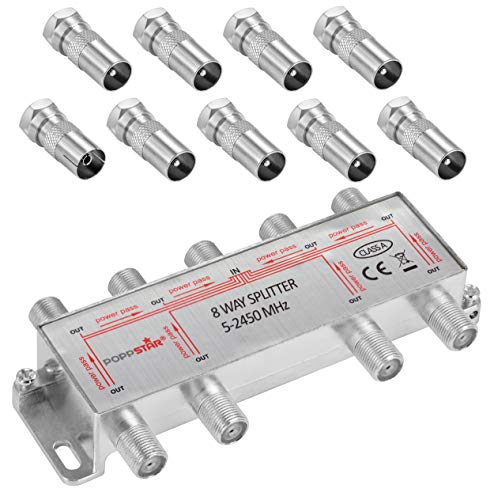 Poppstar Sat-Verteiler Antennenverteiler Splitter Umschalter 8-Fach inkl. IEC Stecker (analog/digital/BK/unicable/HD/4K tauglich) für TV,Antenne,Satellit,Kabel,Fernseher,Radio,LNB von POPPSTAR