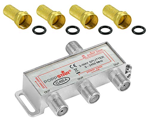 Poppstar Sat-Verteiler Splitter Umschalter 3-Fach inkl. F-Stecker (analog/digital/BK/unicable/HD/4K tauglich) für TV, Satellit, Fernseher, Radio, LNB von POPPSTAR
